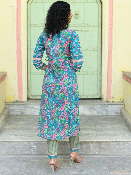 Floral Printed V-Neck Pure Cotton Angrakha Straight Kurta With Palazzos & Dupatta