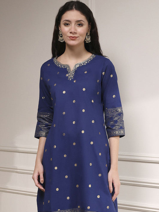Biba Ethnic Motifs Woven Design Notch Neck Sequinned Pure Cotton Kurta Palazzos & Dupatta