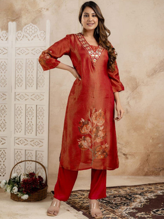 AUTUMN LANE Women Ethnic Motifs Embroidered Kurta with Trousers & Dupatta