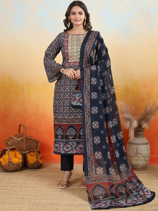 IOLY Women Ethnic Motifs Printed Regular Kantha Work Pure Cotton Kurti With Dupatta
