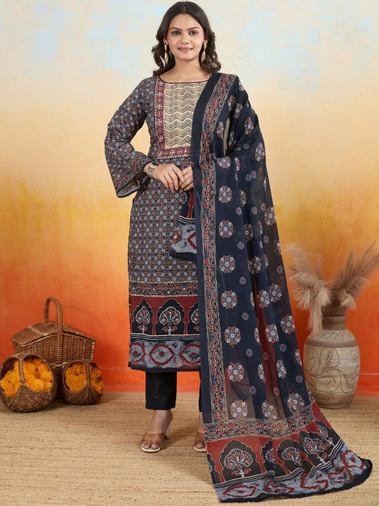 IOLY Women Ethnic Motifs Printed Regular Kantha Work Pure Cotton Kurti With Dupatta