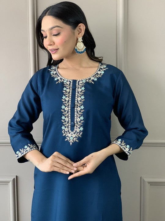 HERE&NOW Floral Yoke Design Regular Chanderi Silk Kurta