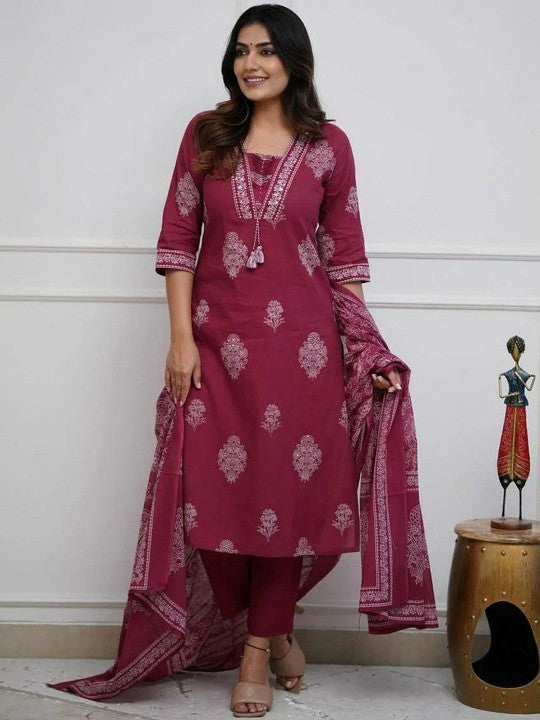 Floral Printed V-Neck Pure Cotton Kurta With Trousers And Dupatta