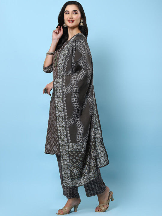 Floral Printed Straight Kurta with Trousers & Dupatta