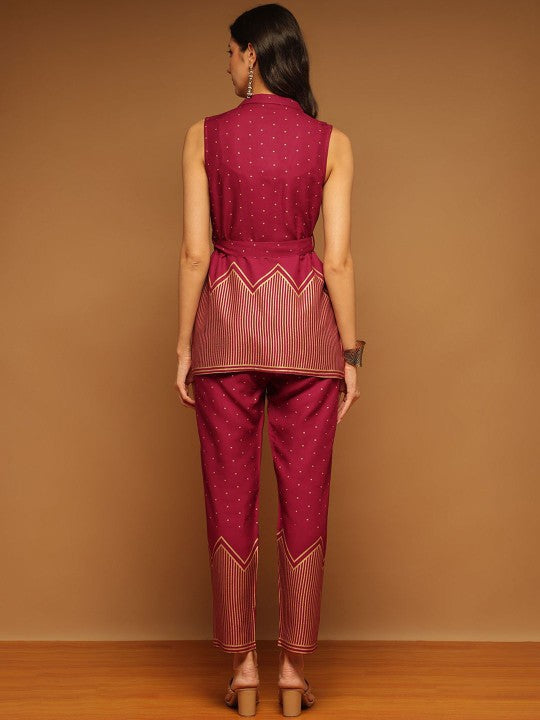 Anouk Printed Top With Trousers Co-Ords With Belt