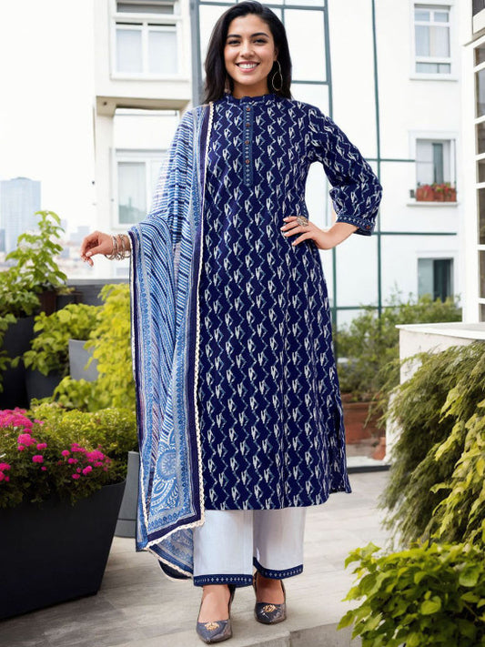 Anouk Chevron Printed Mandarin Collar Pure Cotton Straight Kurta With Palazzos & Dupatta