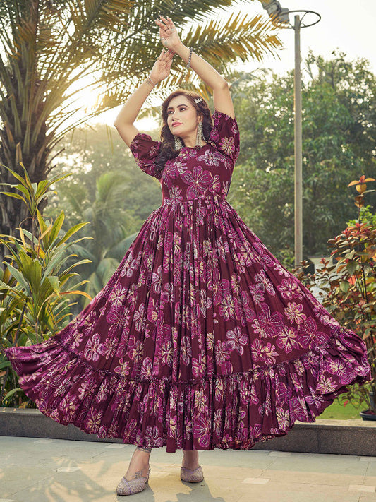 CHANSI Floral Printed Pleated Flared Maxi Dress