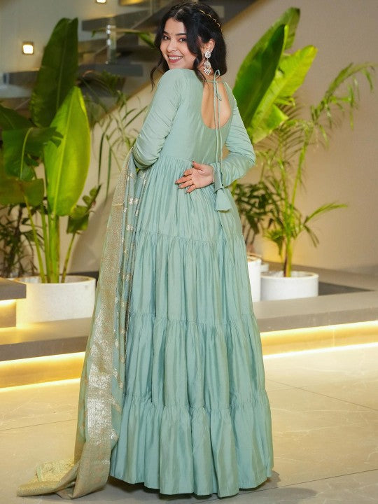 BAHU PALACE Tiered Pure Roman Chanderi Silk Anarkali Kurta