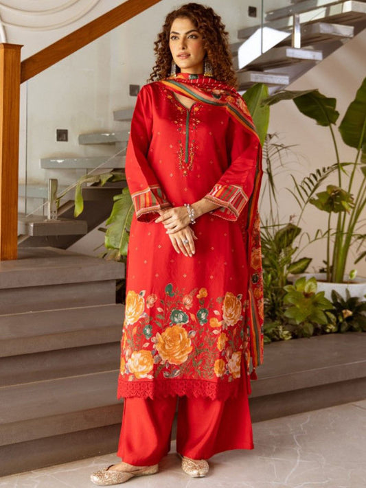 AUTUMN LANE Kabool Scarlet Floral Printed Pure Cotton Kurta With Trousers & Dupatta
