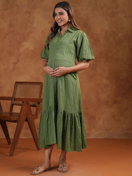 anayna Shirt Collar Neck Fit & Flared Maternity Ethnic Dresses