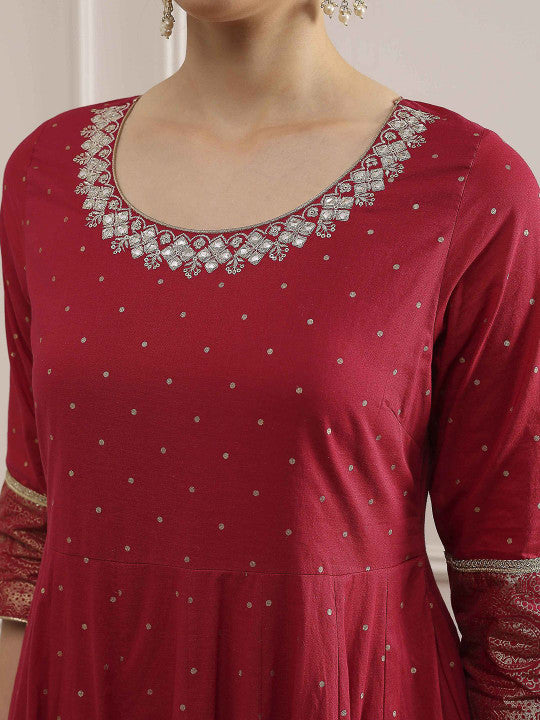 Biba Ethnic Motifs Printed Mirror Work Pure Cotton Kurta With Churidar & Dupatta