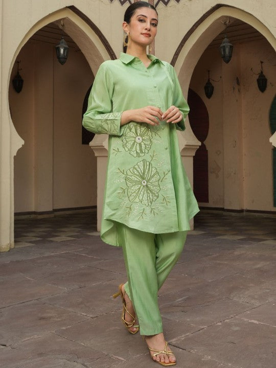 ANUSHEET Embroidered Shirt Collar Pure Muslin Tunic With Trouser