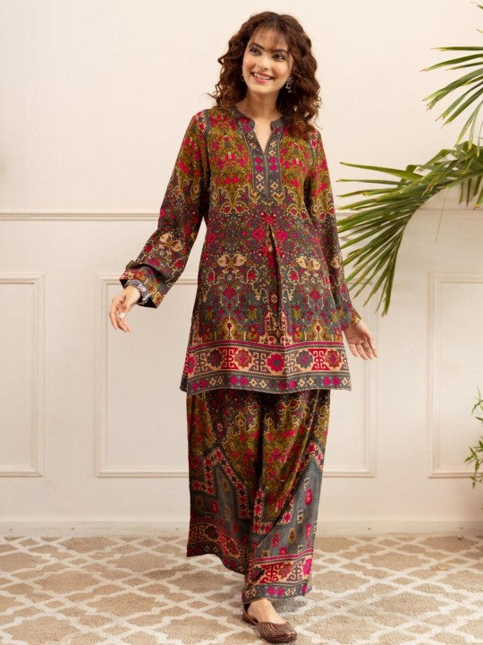 AUTUMN LANE Printed Mandarin Collar Top & PalazzosCo-OrdsSet
