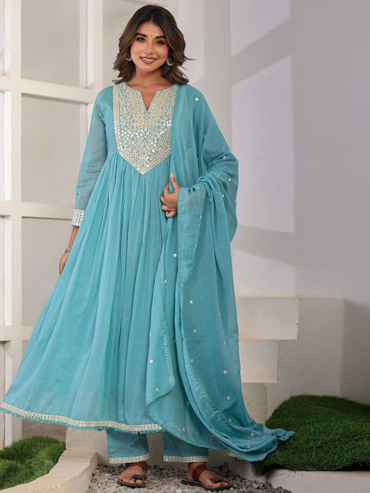 CHETI Geometric Yoke Design Pleated Mirror Work Anarkali Kurta With Trousers & Dupatta