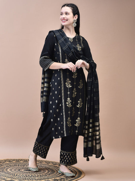 Floral Woven Design Round Neck Straight Kurta With Trouser With Dupatta