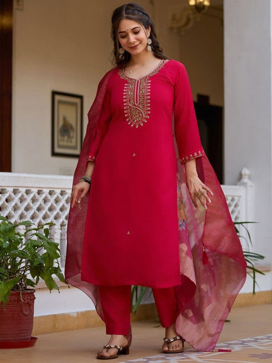 DEVATITHI Women Pink Viscose Chanderi Kurti Pant Dupatta
