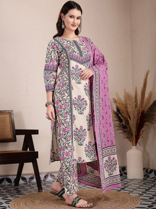 Yufta Women Floral Embroidered Regular Sequinned Pure Cotton Kurta with Trousers & With Dupatta