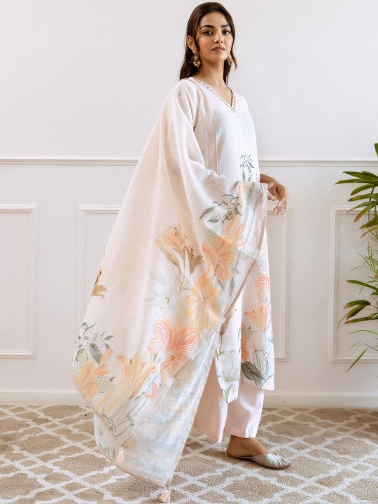 FILO HEVIS Floral Printed V Neck Pure Cotton Straight Kurta With Trousers & Dupatta