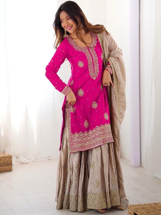 all about you Women Ethnic Motifs Embroidered Thread Work Kurta with Sharara & Dupatta