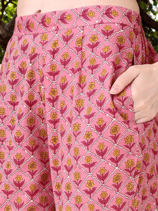 Anouk Floral Printed Keyhole Neck Pure Cotton A-Line Kurta With Trousers & Dupatta