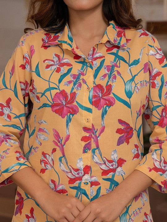 FEATHERS CLOSET Floral Printed Shirt Collar Pure Cotton Tunic With Trousers