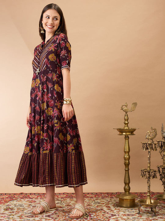 Globus Floral Print Mandarin Collar Gota Lace Yoke Flared Hem A-Line Maxi Dress