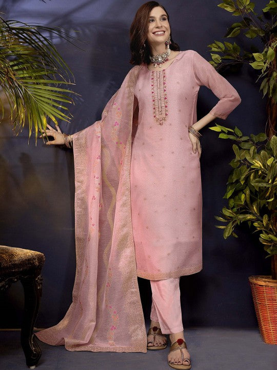 Anouk Ethnic Motifs Embroidered Linen Straight Kurta