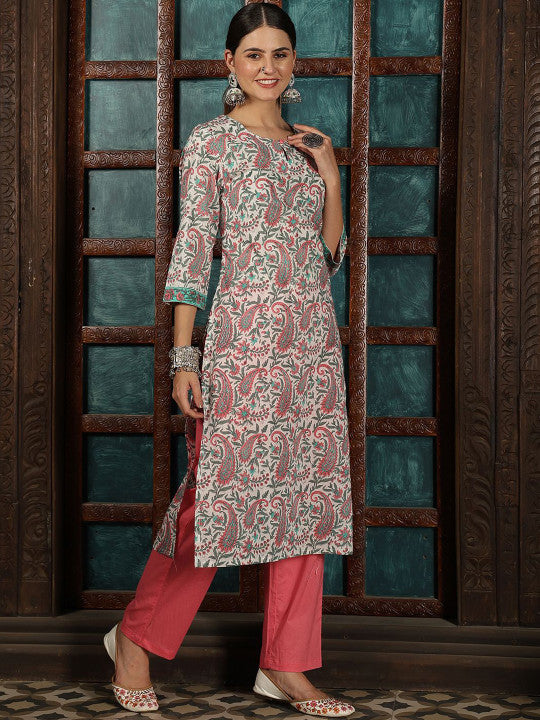 Taavi Floral Hand Block Printed Pure Cotton Straight Kurta With Trousers & Dupatta