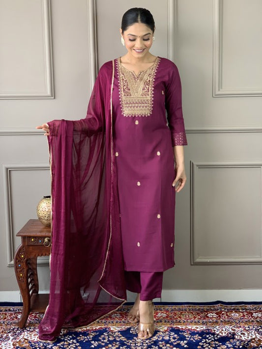 Fabdeal Floral Embroidered Zari Notch Neck Straight Kurta With Trouser And Dupatta