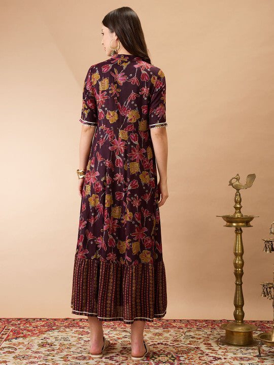Globus Floral Print Mandarin Collar Gota Lace Yoke Flared Hem A-Line Maxi Dress