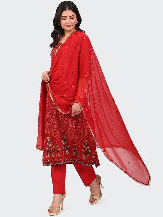 HUE & HIDE Floral Embroidered Round Neck Zari Straight Kurta With Trousers & Dupatta