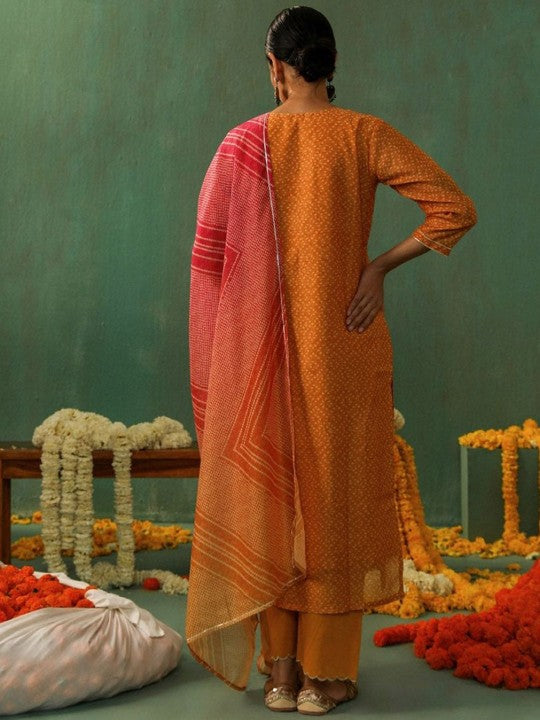 Heritage Bandhani Printed Gotta Patti Pure Cotton Straight Kurta With Trousers & Dupatta