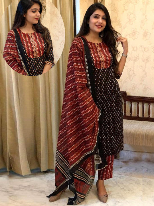 Ethnic basket Women Black Cotton Blend Kurta Sets With Dupatta