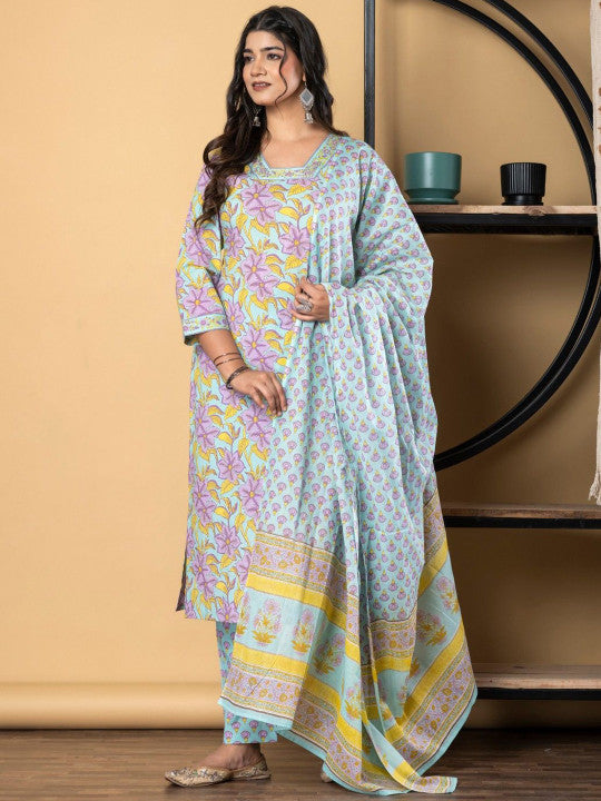 Floral Printed Square Neck Pure Cotton Straight Kurta With Trousers & Dupatta