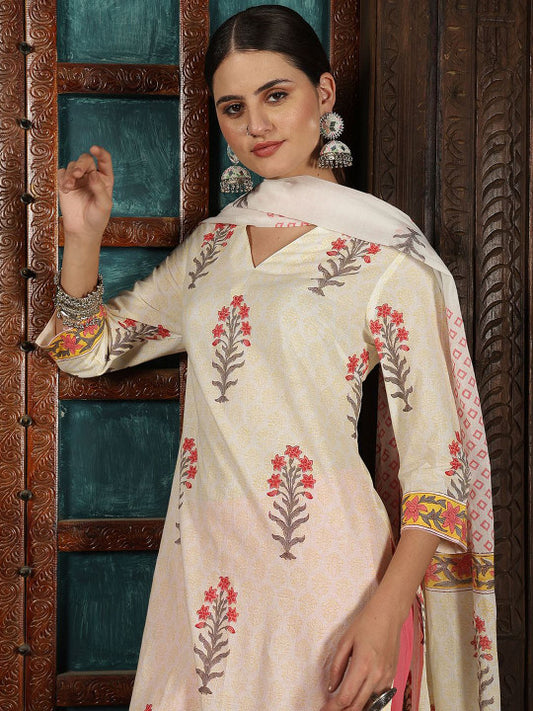 Taavi Floral Hand Block Print Pure Cotton V Neck Straight Kurta With Trousers & Dupatta