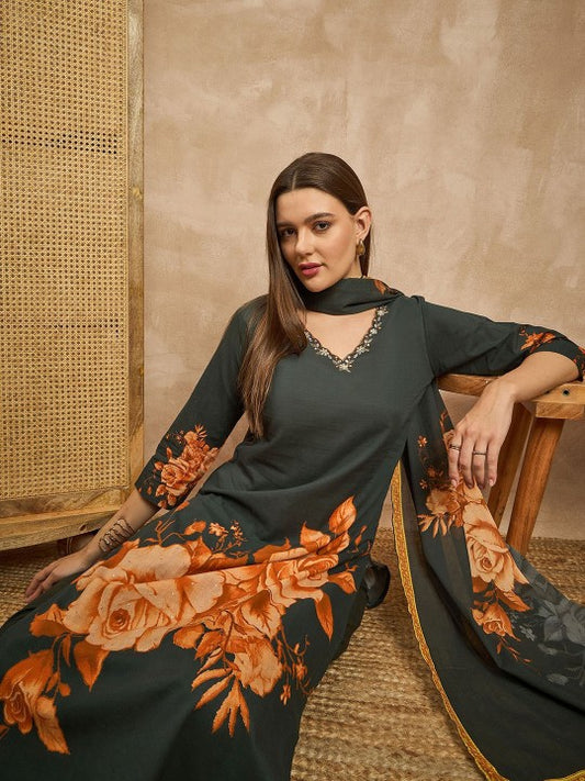 all about you Green Floral Printed V-Neck Pure Cotton Kurta with Trousers & Dupatta