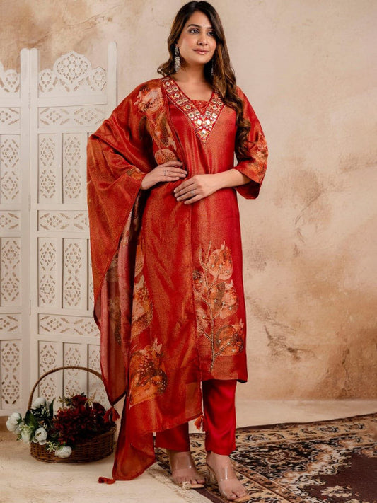 AUTUMN LANE Women Ethnic Motifs Embroidered Kurta with Trousers & Dupatta