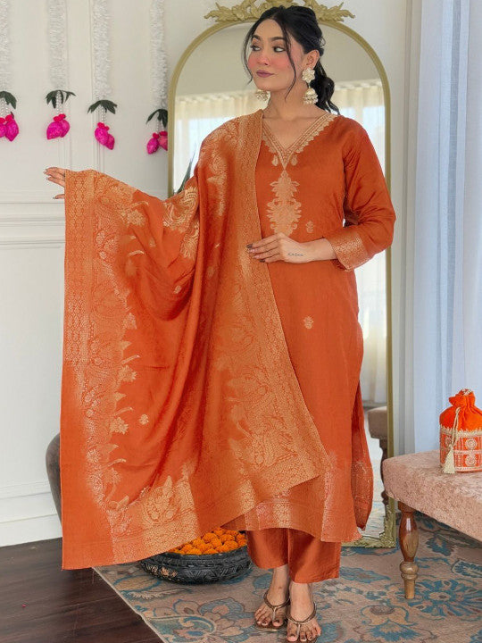 HERE&NOW Women Woven Design Regular Thread Work Kurta with Trousers & Dupatta