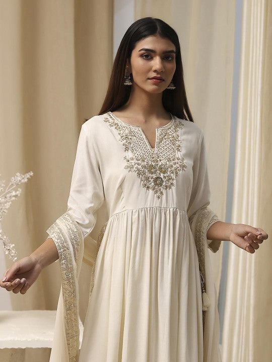 Biba Women Floral Embroidered Regular Thread Work Kurta with Palazzos & With Dupatta