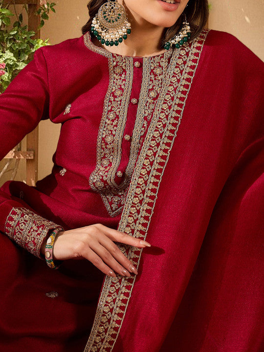 AHIKA Ethnic Motifs Embroidered Straight Kurta with Palazzos & Dupatta