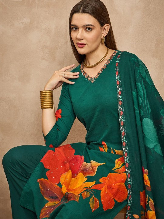 all about you Printed Beads & Stones Pure Cotton Straight Kurta with Trousers & Dupatta