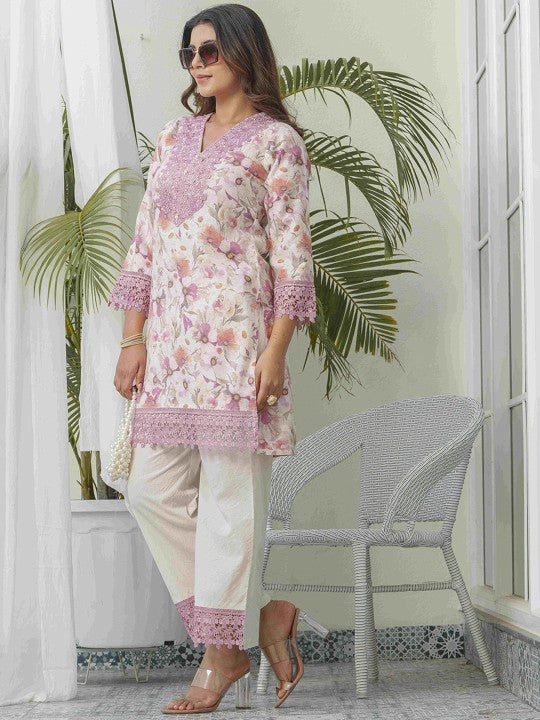 Floral Printed V-Neck Linen Tunic With Trousers