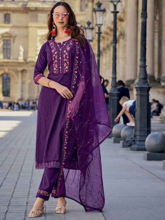 Floral Yoke Design Regular Beads and Stones Kurta With Trousers & Dupatta
