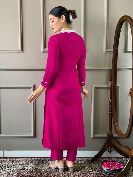 Embroidered Thread Work Kurta With Trousers & Dupatta