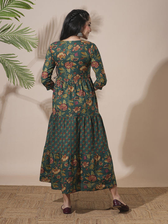 Globus Floral Printed Abla Work Waist Tie-Up Detailing A-Line Tiered Midi Workwear Dress