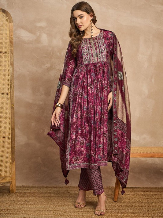 CHETI Women Floral Printed High Slit Thread Work Straight Kurta