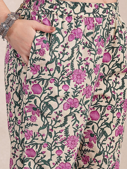 Yufta Women Floral Embroidered Regular Sequinned Pure Cotton Kurta with Trousers & With Dupatta