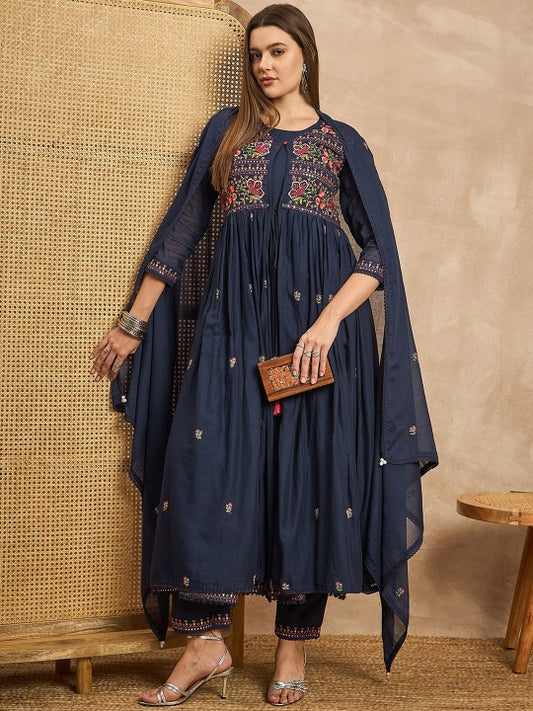 all about you Navy Blue Embroidered Round Neck Anarkali Kurta with Trousers & Dupatta