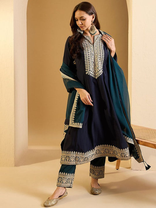 Inddus Women Floral Yoke Design Regular Thread Work Kurta
