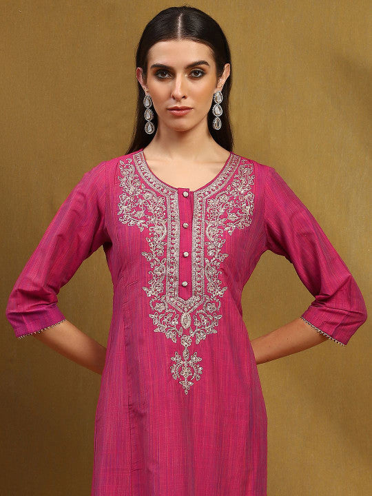 Biba Ethnic Motifs Embroidered Thread Work Pure Cotton Kurta With Trousers & Dupatta